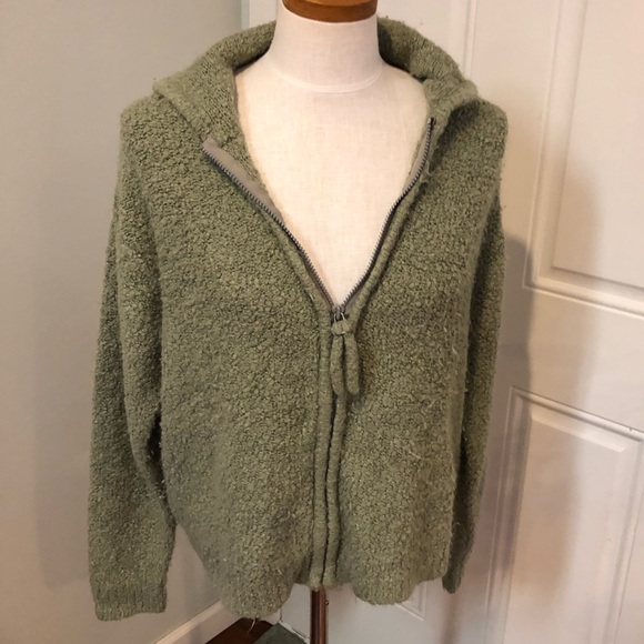 Fashion Bug Sweaters - Sage green nubby fuzzy hoodie hooded cardigan